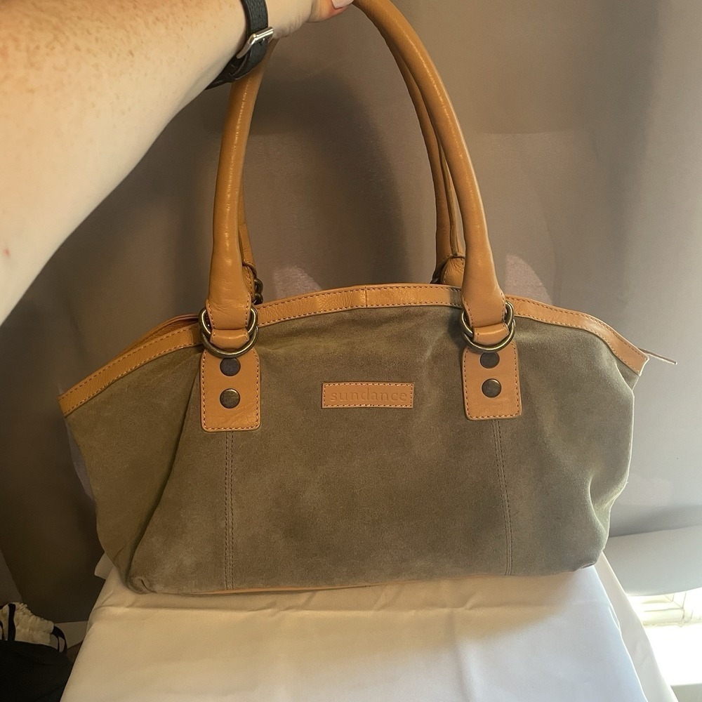 Sundance Medium Leather Suede Satchel Handbag Purse Olive Green Brown EUC